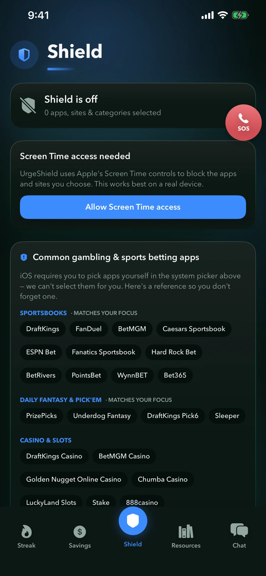 UrgeShield Shield setup screen asking for Screen Time access before selecting apps and sites