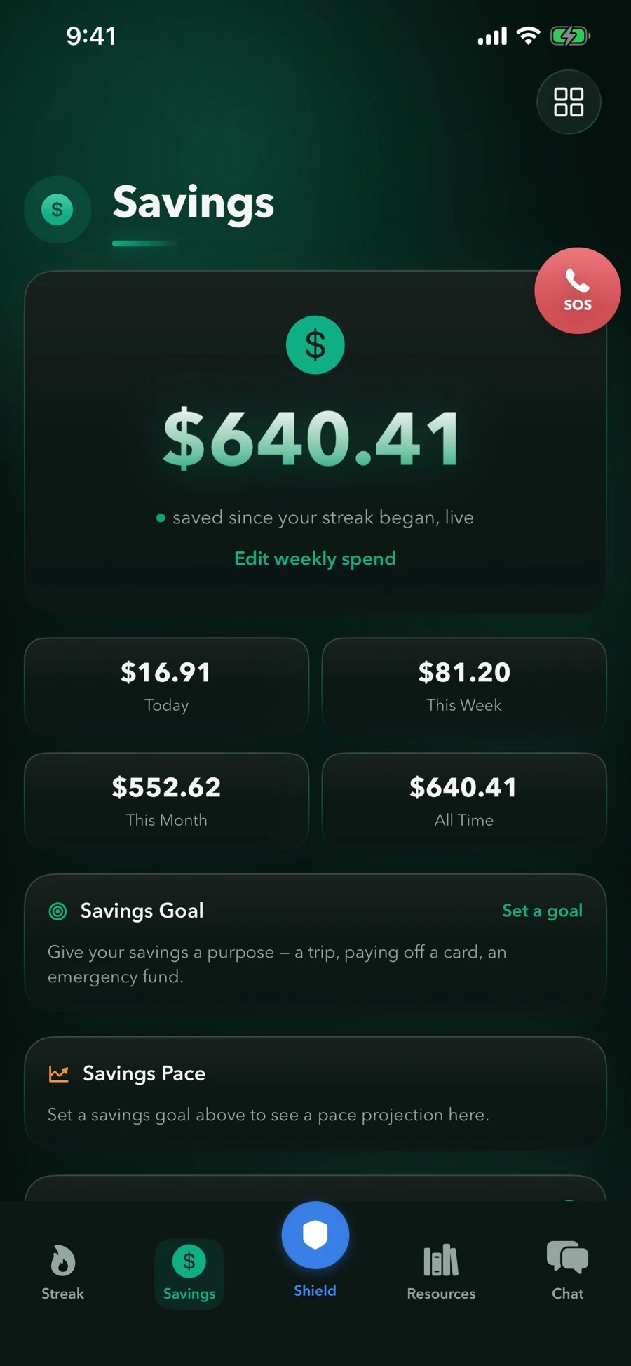 Example UrgeShield savings screen with estimates based on entered spending information